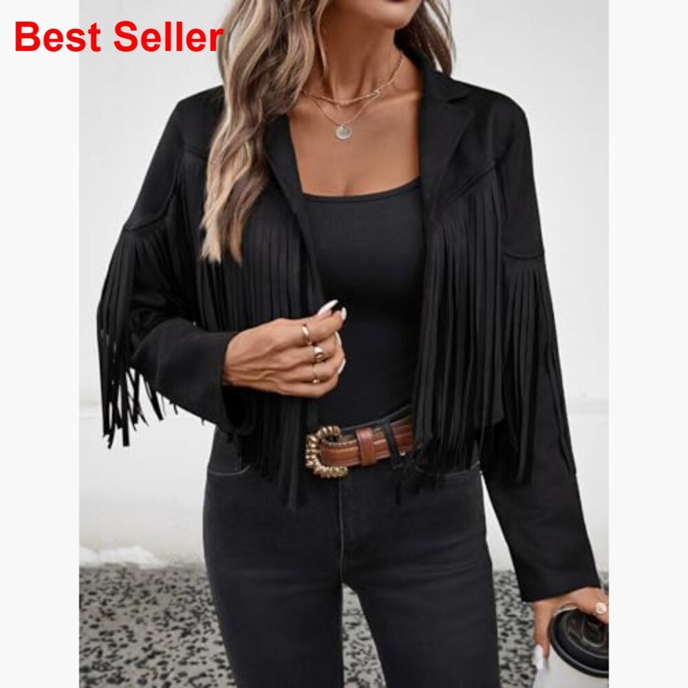 Faux Suede Leather Cropped Jacket with Fringe Tassel Sleeves and Lining - Picture 6 of 7
